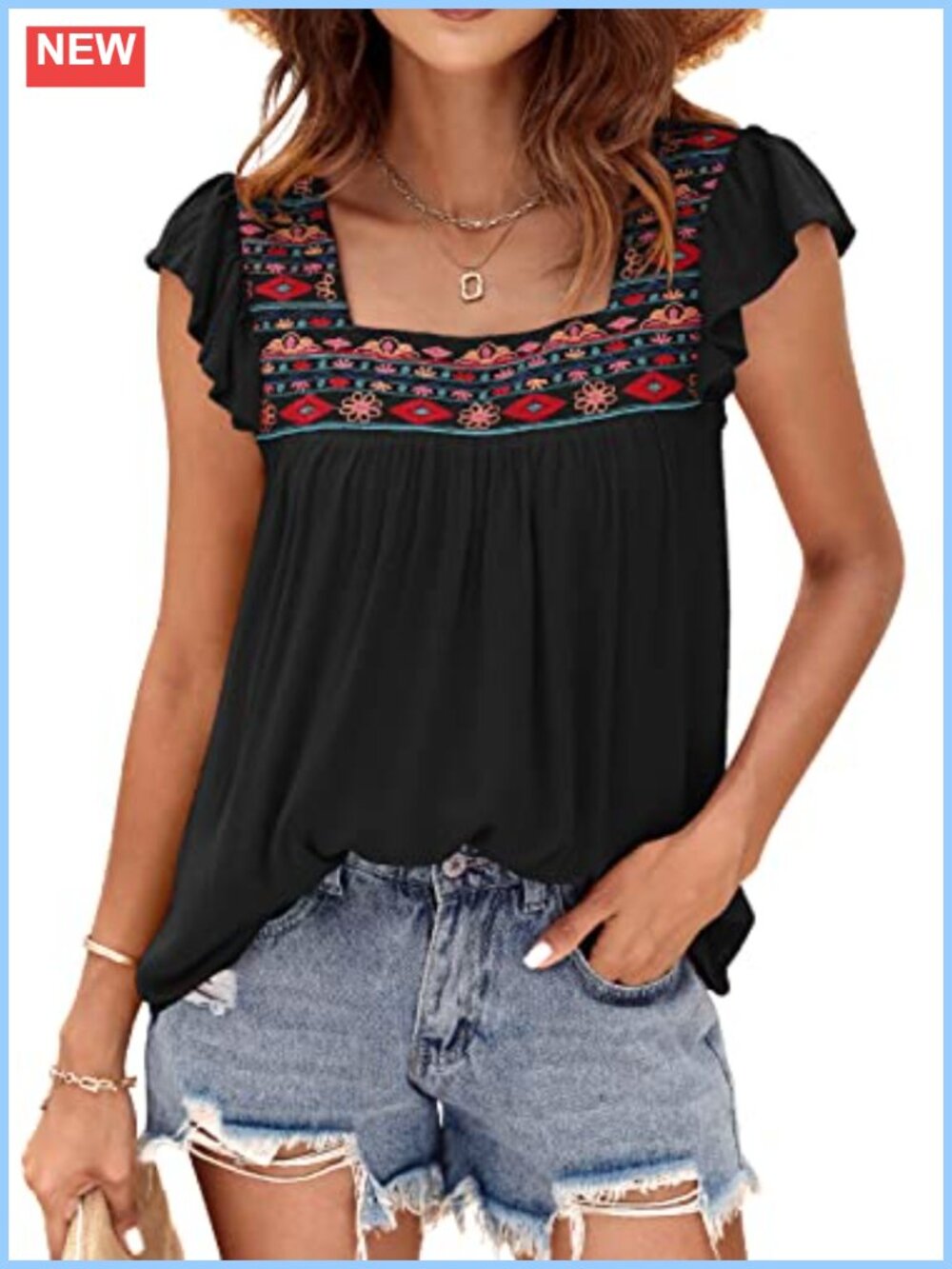 Embroidered Square Neck Babydoll Peasant Blouse Ruffle Sleeve Flowy
